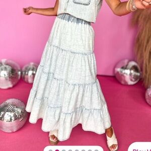 SSYS The Label Denim Tiered Elastic Waist Midi Skirt Sz M Coastal Cowgirl Y2K